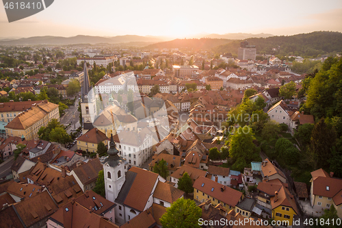 Image of Aerial view of old medieval city center of Ljubljana, capital of Slovenia.