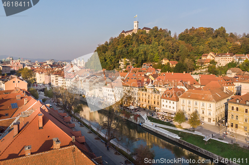 Image of Cityscape of Ljubljana, capital of Slovenia in warm afternoon sun.