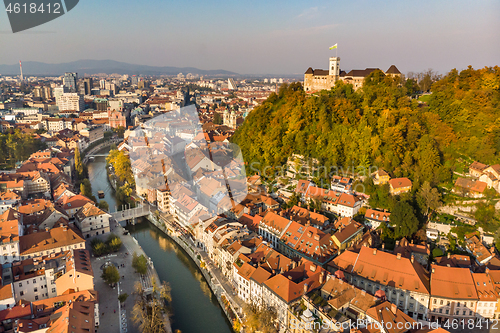 Image of Cityscape of Ljubljana, capital of Slovenia in warm afternoon sun.