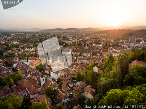 Image of Aerial view of old medieval city center of Ljubljana, capital of Slovenia.