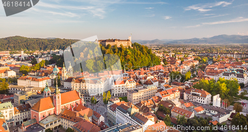 Image of Cityscape of Ljubljana, capital of Slovenia in warm afternoon sun.