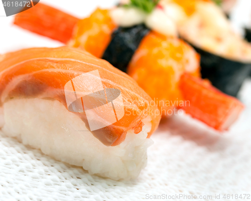 Image of Delicious Salmon Sushi Indicates Oriental Food And Asian 