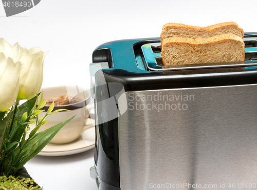 Image of Bread In Toaster Represents Meal Time And Break 