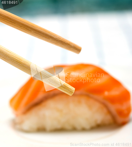 Image of Japanese Sushi Salmon Shows Asian Food And Cuisine 