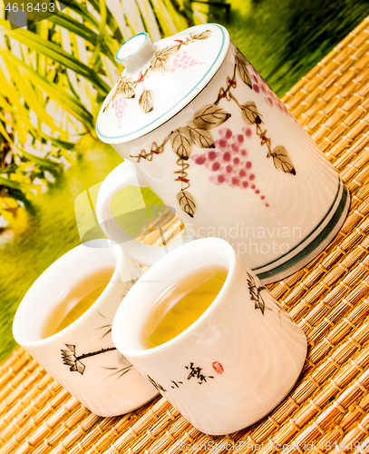 Image of Tea On Patio Represents Break Time And Breaktime 
