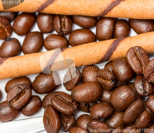 Image of Coffee Beans Cookies Shows Wafer Biscuits And Beverage 