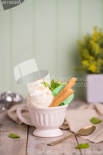 Image of Vanilla and mint ice cream in cup