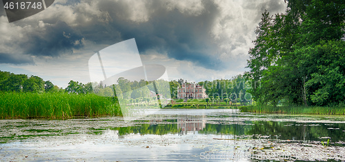 Image of Reflections in a lake with sky and trees