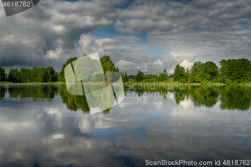 Image of Reflections in a lake with sky and trees