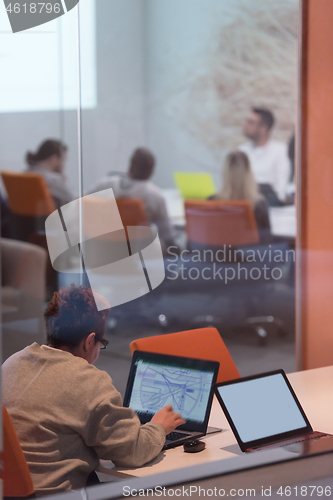 Image of businesswoman using a laptop in startup office