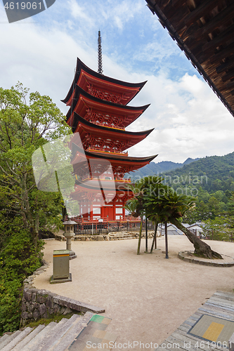 Image of Red pagoda tower at Itsukushima Shrine in Miyajima island, Japan.