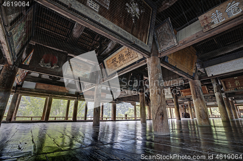 Image of Ancient wooden Pavilion main hall decorating with old paintings