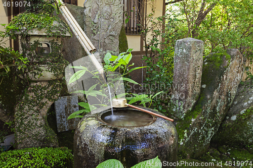 Image of Traditional japanese bamboo purification fountain for purification at entrance of the Japanese temple.