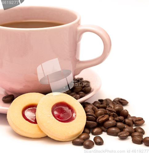 Image of Cup of freshly brewed coffee and some strawberry cookies 