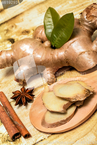 Image of Sliced Ginger Root Means Star Anise And Cinnamons 