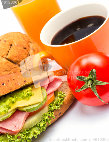 Image of Coffee And Sandwich Represents Food Stuff And Bakery 