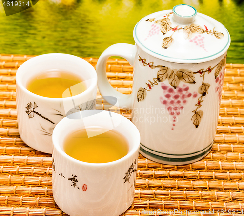 Image of Tea On Patio Means Break Time And Breaktime 