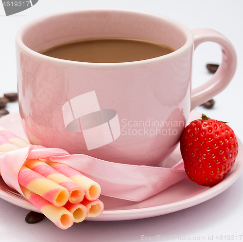 Image of Coffee And Strawberry Represents Delicious Cracker And Biscuits 