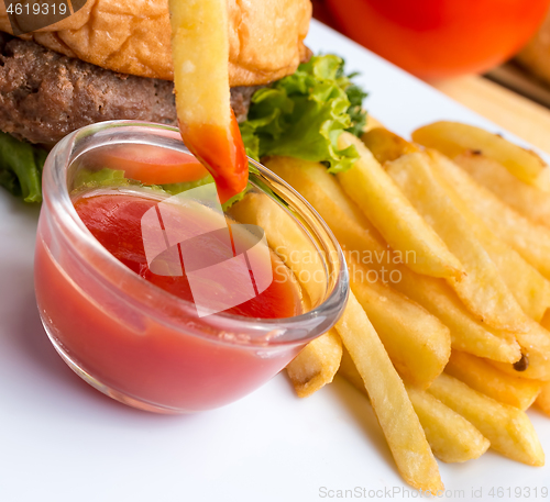 Image of Ketchup Fries Means Take Away And Chips  