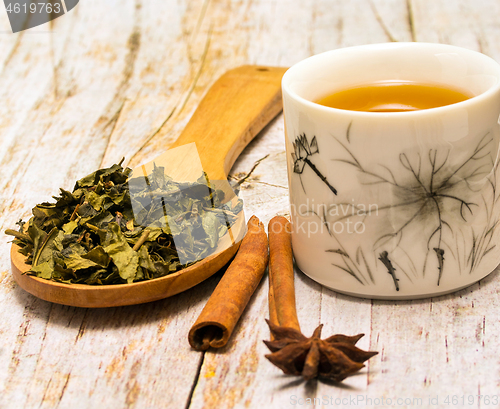 Image of Green Tea Leaves Represents Break Time And Breaks 