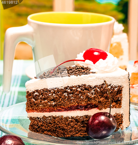 Image of Black Forest Cake Represents Coffee Break And Beverages 