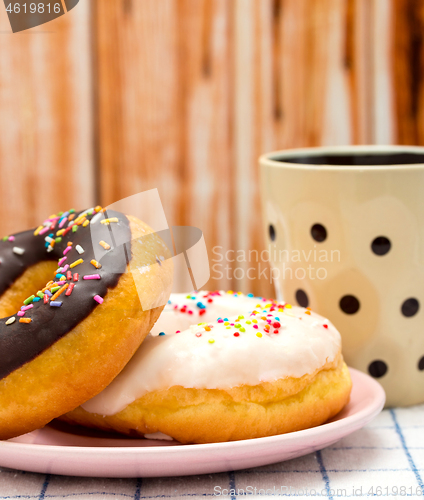 Image of Donut And Coffee Indicates Fatty Food And Delicious 
