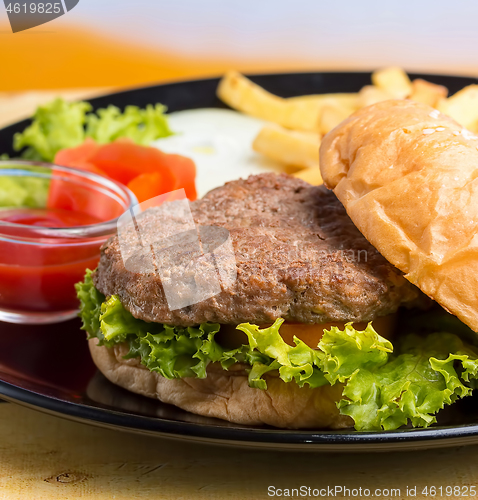 Image of Burger And Chips Means Ready To Eat And Beef  