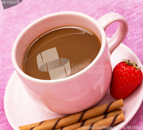 Image of Mug of freshly brewed coffee and some chocolate cookie sticks 