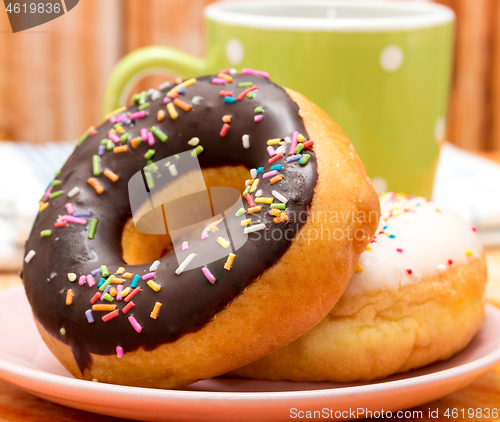 Image of Doghnut And Coffee Means Fatty Food And Break 