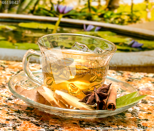 Image of Tea On Patio Represents Fresh Ginger And Spices 