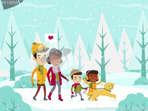 Image of Multiethnic family walking in winter snowy forest.