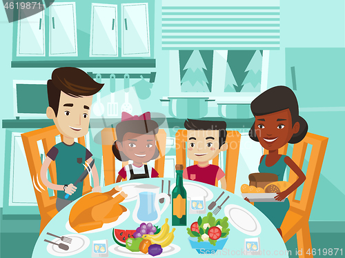 Image of Multicultural family celebrating thanksgiving day.