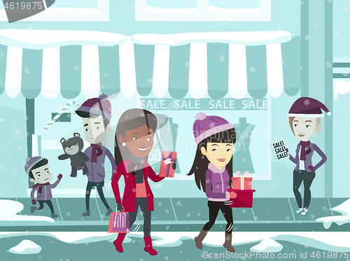 Image of Young multiracial people during Christmas shopping