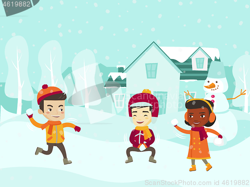 Image of Multicultural children playing snowball fight.