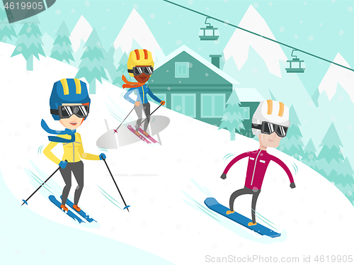 Image of Multicultural people skiing and snowboarding.