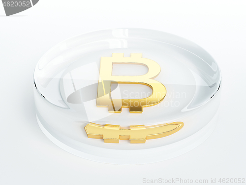 Image of bitcoin cryptocurrency golden symbol covered with glass 