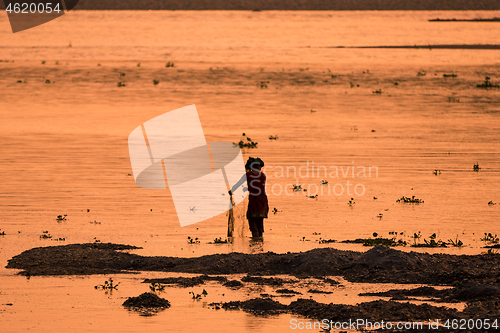 Image of Asian Woman fishing in the river, silhouette at sunset