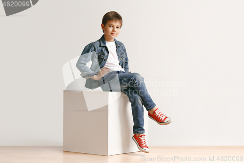 Image of The portrait of cute little boy in stylish jeans clothes looking at camera at studio