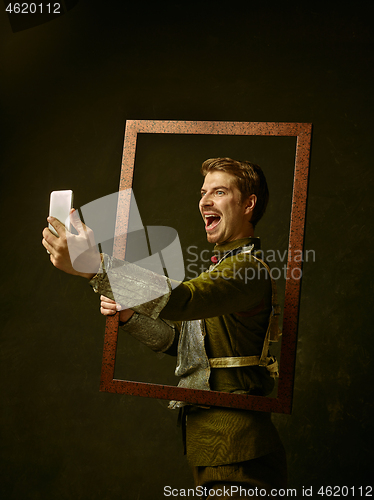 Image of Medieval knight on dark background.