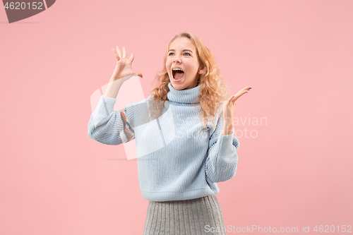 Image of Winning success woman happy ecstatic celebrating being a winner. Dynamic energetic image of female model