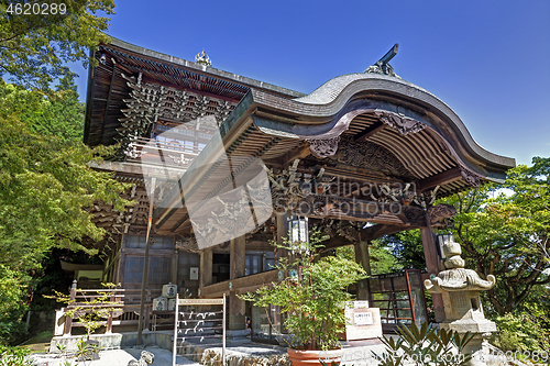 Image of MIYAJIMA, JAPAN - AUGUST 31, 2019: entrance of a Japanese buddhist temple, Shingon Temple in Miyajima Island, Japan