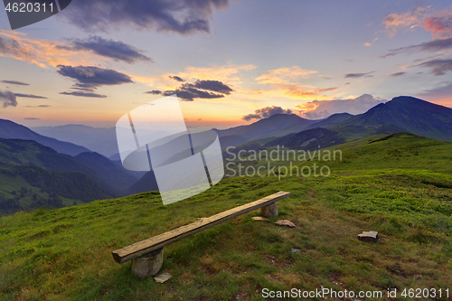 Image of Bench in a very picturesque mountain location in beautiful Rodna mountains in Romania