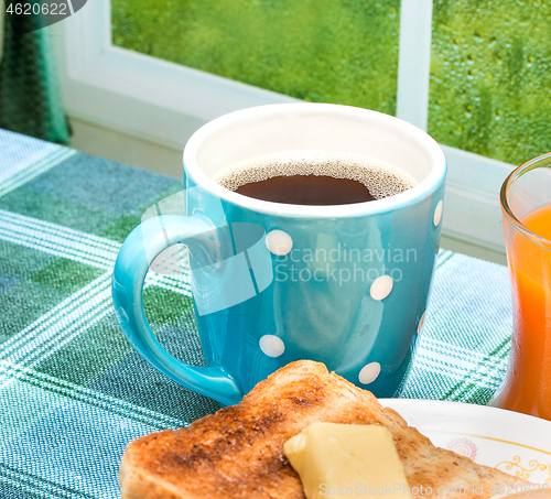 Image of Toast For Breakfast Means Black Coffee And Beverage 