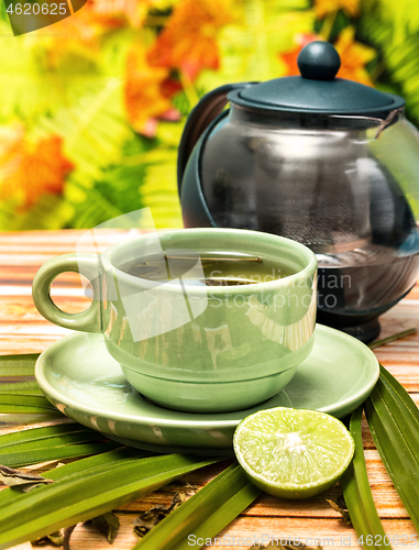 Image of Lime Green Tea Indicates Fresh Drink And Fruits 