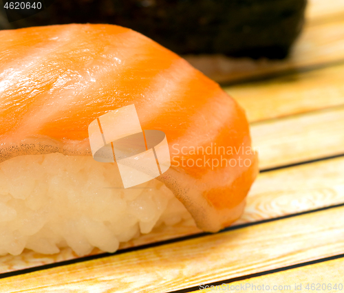 Image of Sushi Smoked Salmon Shows Oriental Food And Delicacy 