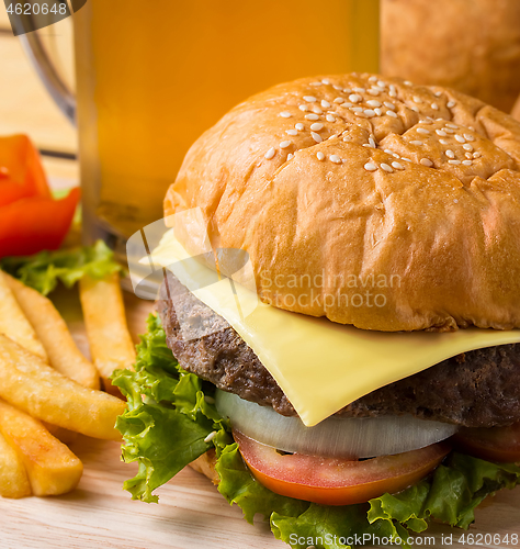 Image of Burger Beer Chips Represents Ready To Eat And Ales  