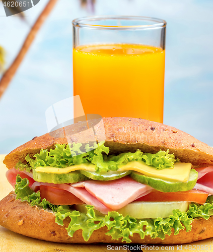 Image of Juice And Sandwich Represents Orange Drink And Beach 
