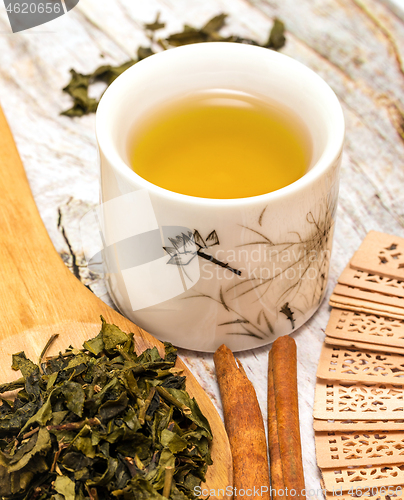 Image of Chinese Green Tea Means Break Time And Breaktime 