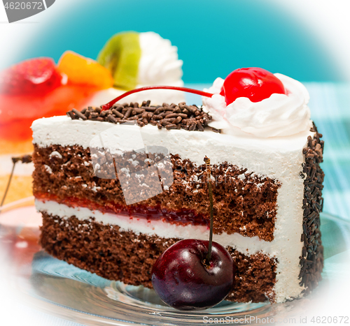 Image of Black Forest Gateau Shows Chocolate Cake And Appetizing 