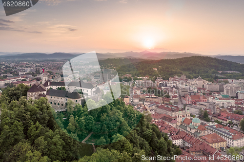 Image of Aerial panorama of Ljubljana, capital of Slovenia, at sunset